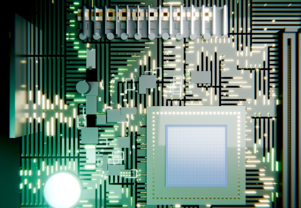 Glowing green circuit board with a central processor.