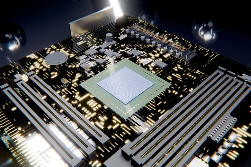 Close-up of a microchip on a glowing circuit board.
