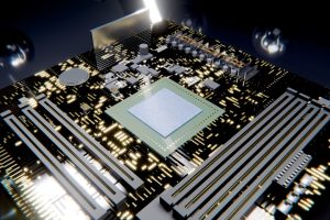 Close-up of a microchip on a glowing circuit board.