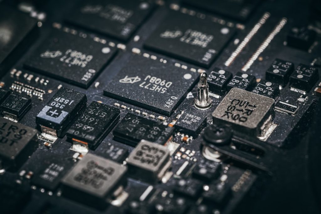 Close-up of a complex electronic circuit board with many components.