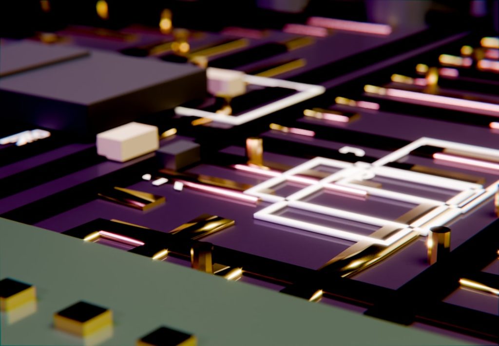 Electronic circuit board with glowing lines and various components.