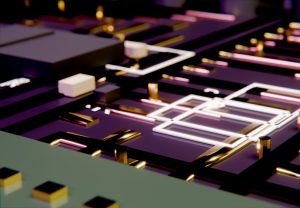 Electronic circuit board with glowing lines and various components.
